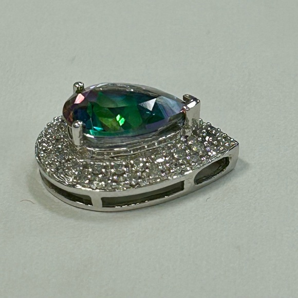 10k 10 karat white gold, mystic topaz, and diamond teardrop pendant necklace - Picture 5 of 11
